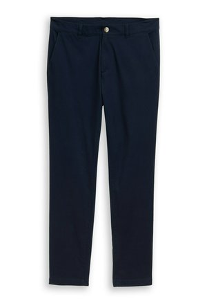 Marineblaue Hose aus Baumwollmischgewebe, mit zwei Fronttaschen, Knopfverschluss und geraden Beinen. Glatte Textur, minimalistisches Design.