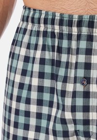 Boxers a cuadros en azul y blanco, fabricados en algodón, con una cinturilla elástica y un detalle de botón, que muestran una textura suave y un patrón clásico.