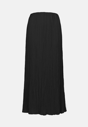 Sort lang nederdel med et struktureret, plisseret design. Har en elastisk talje og falder til anklerne. Materialet er let og svævende.