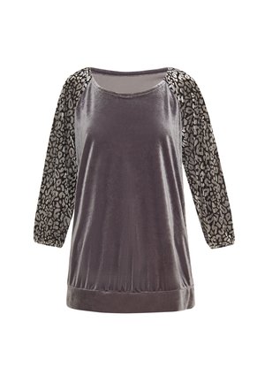 Samtoberteil in Dunkelgrau mit gemusterten Ballonärmeln in Leopardenmuster, Rundhalsausschnitt und lässiger Passform.