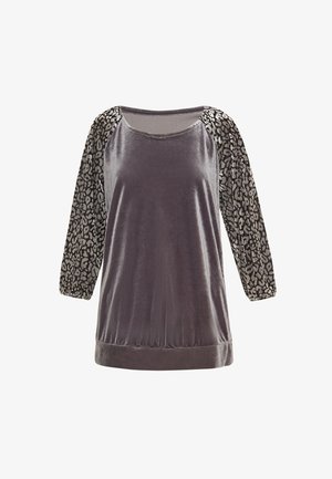 Samtoberteil in Dunkelgrau mit gemusterten Ballonärmeln in Leopardenmuster, Rundhalsausschnitt und lässiger Passform.