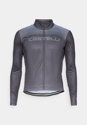 Maglia da ciclismo a maniche lunghe di colore grigio scuro con righe orizzontali. Presenta una zip frontale e il logo "Castelli" sul petto. Texture liscia.