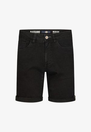 Pantaloni scurți negri din denim, cu tiv răsucit, design cu cinci buzunare și închidere cu nasture. Prezintă o textură subtilă și o etichetă cu logo contrastant pe talie.