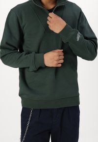 Sweat-shirt vert en pullover avec un demi-zip, col et poignets côtelés. Présente un logo sur la manche gauche et un tissu texturé.
