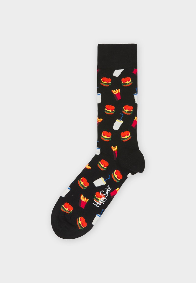 Calze nere con un motivo di hamburger, patatine e bevande in colori vivaci. Realizzate in materiale morbido, con una comoda fascia.