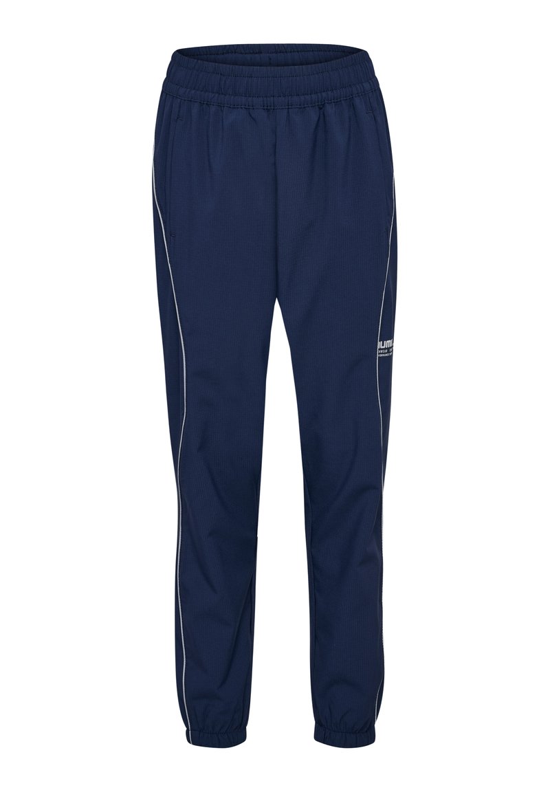 Marinblå träningbyxor med elastisk midja, avsmalnande ben och vita sidopaneler. Tillverkade av lätt, ventilerande tyg.