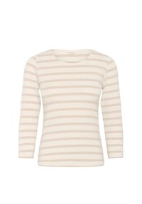 Langärmliges Oberteil in Creme mit hellbeigen horizontalen Streifen, ausgestattet mit einem runden Halsausschnitt und weichem, glattem Stoff.