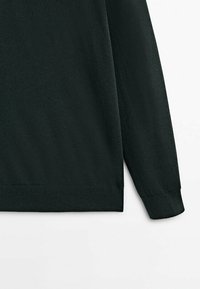 Pull en maille vert foncé à manches longues avec poignets et ourlet côtelés sur fond blanc.
