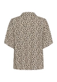 Chemise à manches courtes en imprimé léopard couleur crème, dotée d'un col et d'une coupe décontractée. Fabriquée en tissu léger avec une texture lisse.