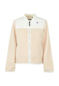 Beige fleecejack met een witte nylon overlay, ritssluiting aan de voorkant en opstaande kraag. Voorzien van een logo op de linkerborst en elastische manchetten.