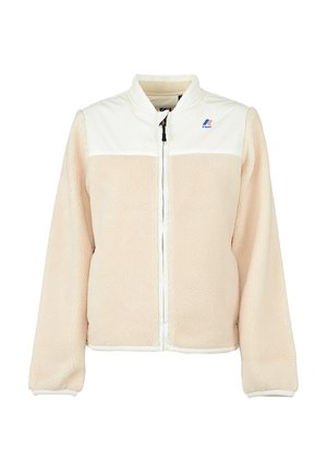 Giacca in pile beige con sovrapposizione in nylon bianco, chiusura con zip frontale e collo alto. Presenta un logo sul lato sinistro superiore del petto e polsini elasticizzati.