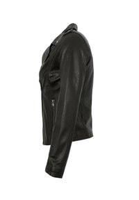 Schwarze Leder-Motorradjacke in Slim Fit, mit Reißverschluss vorne und seitlichen Taschen. Verfügt über Schulterklappen und eine glatte Oberfläche.