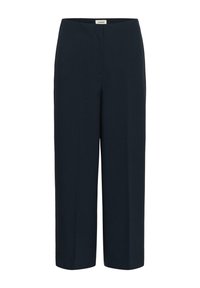 Pantaloni a gamba larga di un blu scuro, con una texture liscia, una vita elastica e senza chiusure visibili. Design semplice e su misura.