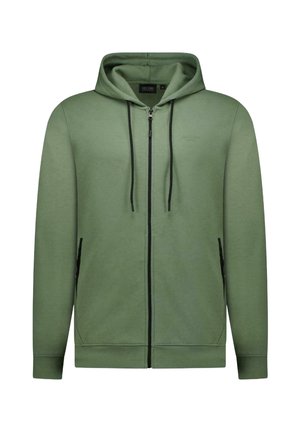 Groene capuchontrui met rits, trekkoorden, zijzakken en zwarte ritssluitingen. Zacht, glad materiaal met een regular fit ontwerp.