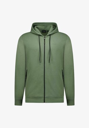 Groene capuchontrui met rits, trekkoorden, zijzakken en zwarte ritssluitingen. Zacht, glad materiaal met een regular fit ontwerp.