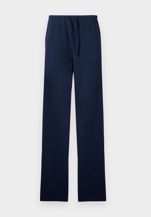 Navy blue sweatpants made from soft, smooth fabric; features an elastic waistband with a drawstring and straight loose legs.