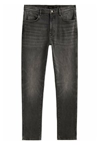 Jeans in denim nero sbiadito con vestibilità slim, caratterizzati da un classico design a cinque tasche e chiusura con bottone in vita.