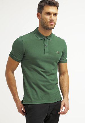 Grünes Poloshirt aus Baumwolle, mit klassischem Kragen, kurzen Ärmeln, einer Drei-Knopf-Leiste und einem kleinen gestickten Logo.