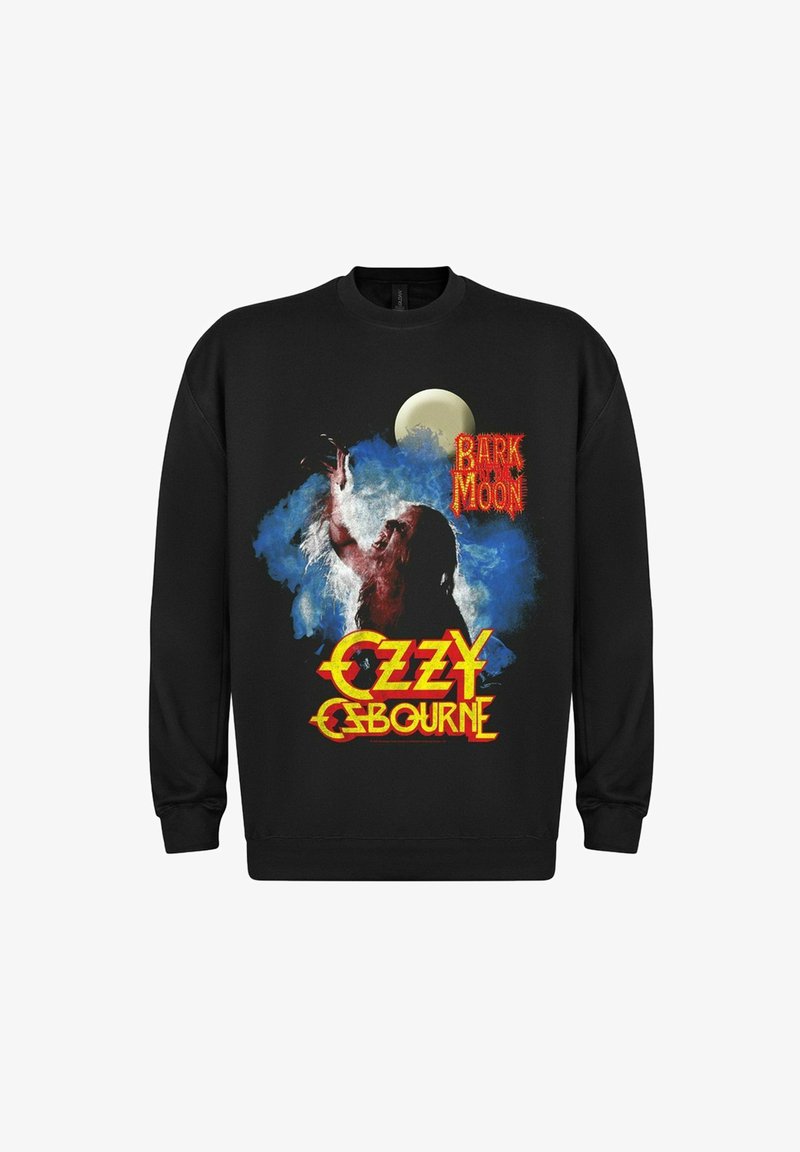 Sudadera negra con un gráfico de un hombre lobo aullando a una luna llena, texto "Bark at the Moon" y "Ozzy Osbourne" en letras gruesas de color amarillo-rojo.