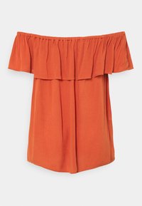 Top bez ramínek z oranžové látky, s volánkovým výstřihem a volným střihem, s hladkou strukturou a mírně zakřiveným lemem.