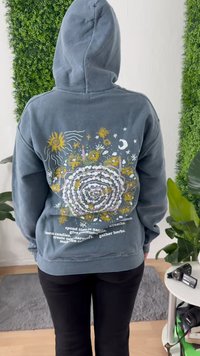 Persona che indossa un cappuccio blu con un design a spirale e temi naturali di sole, luna, stelle e fiori, circondati da testo positivo sulla schiena.