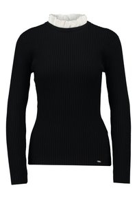 Schwarzes, geripptes Langarmshirt mit weißem, gerafftem Kragen. Hat eine schlanke Passform und ein dezentes Markenzeichen am unteren Saum. Weiche Textur.