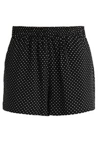 Černé kraťasy vyrobené z lehkého materiálu, s bílým puntíkovaným vzorem a elastickým pasem pro nastavitelné nošení.