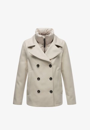Manteau pea beige croisé à boutons noirs avec col haut rembourré, fermeture éclair sur le devant, poches latérales et manches longues.