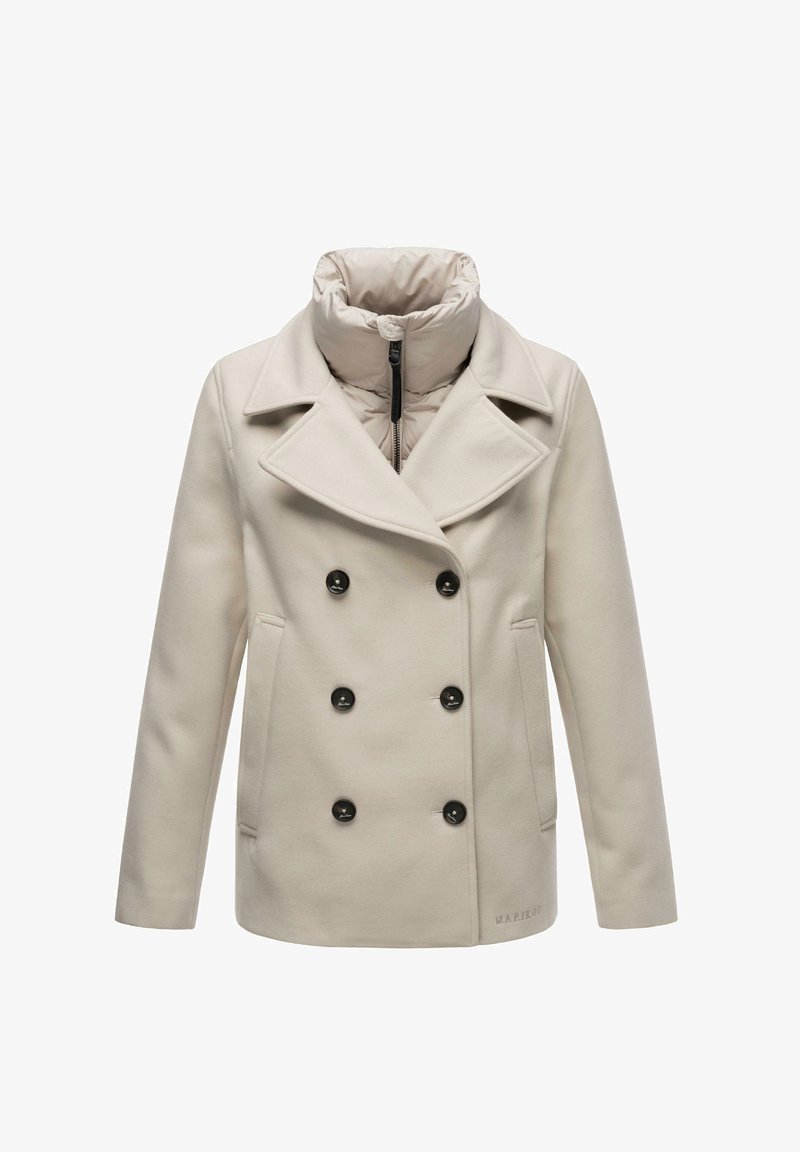 Manteau pea beige croisé à boutons noirs avec col haut rembourré, fermeture éclair sur le devant, poches latérales et manches longues.