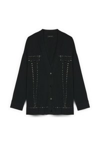 Cardigan negru cu decolteu în V, mâneci lungi, față decorată cu accente metalice și două buzunare pe piept, dotat cu închidere cu nasturi.