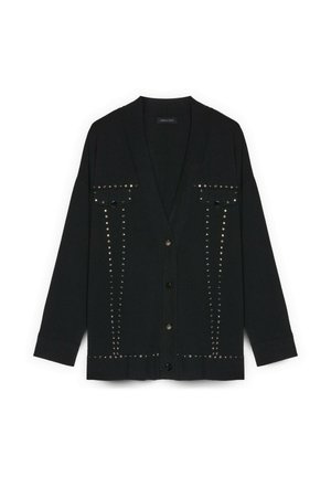 Schwarzer Cardigan mit V-Ausschnitt, langen Ärmeln, vorne mit metallischen Akzenten verziert und zwei Brusttaschen, mit Knopfleiste.