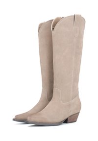 Stivali al ginocchio in suede beige con punta quadrata e tacco in legno basso. Presentano cuciture decorative e una linguetta nella parte superiore.