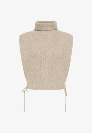 Bežinė be rankovių megztinė su aukštu apykaklė, turinti tekstūrinius kabelinių mezgimo raštus ir šoninius ryšius, kurie leidžia reguliuoti dydį. Švelni, vilnai panaši medžiaga.