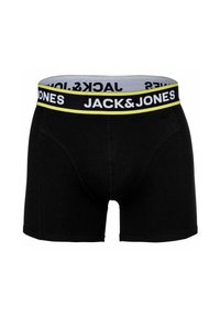 Caleçons boxers noirs à la coupe ajustée, dotés d'une ceinture grise avec le logo "JACK & JONES" en blanc et accents jaunes. Tissu doux et extensible.