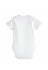 Kurzärmliger weißer Babybody mit kleinen grauen Sprenkeln, aus weicher Baumwolle, mit einem runden Ausschnitt und Druckknopfverschluss am Boden.