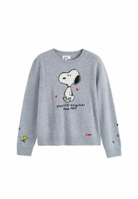 Grijze gebreide trui met een Snoopy-afbeelding op de voorkant, versierd met hartjes en de tekst "peanuts original since 1950", plus geborduurde details op de mouwen.