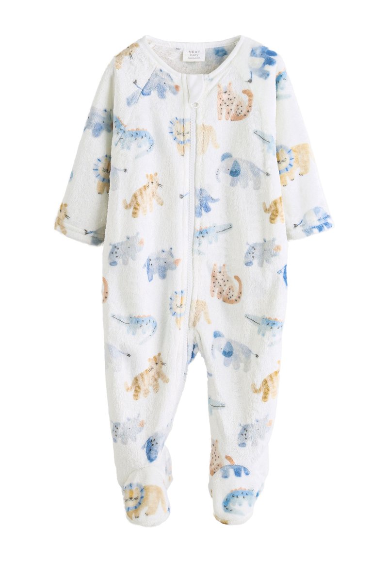 Grenouillère en polaire blanche pour bébé avec des motifs d'animaux colorés en bleu et beige. Fermeture éclair à l'avant et design avec pieds. Texture douce.