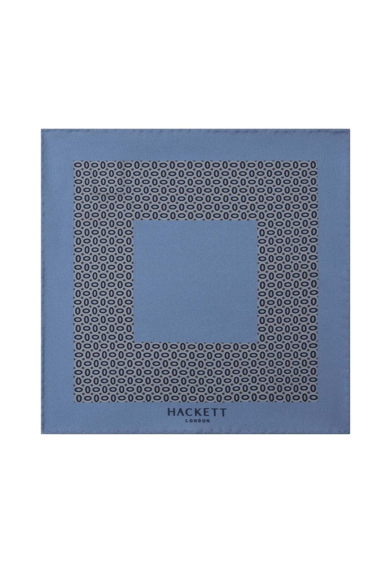 Fazzoletto da taschino blu in tessuto con un motivo geometrico nero caratterizzato da design circolari e un quadrato centrale. Logo "HACKETT LONDON" nella parte inferiore.