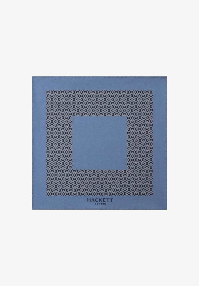Fazzoletto da taschino blu in tessuto con un motivo geometrico nero caratterizzato da design circolari e un quadrato centrale. Logo "HACKETT LONDON" nella parte inferiore.