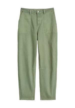 Hellgrüne gerade geschnittene Hose mit aufgesetzten Taschen vorne, Gürtelschlaufen, Knopfverschluss und sichtbaren Nähten an Knien und Saum.