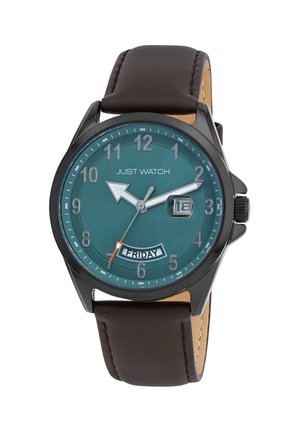 Braunes Lederarmbanduhr mit Zifferblatt in Blaugrün, weißen Stundenmarkierungen und Datumsanzeige. Verfügt über dicke Zeiger und einen Freitag-Indikator.