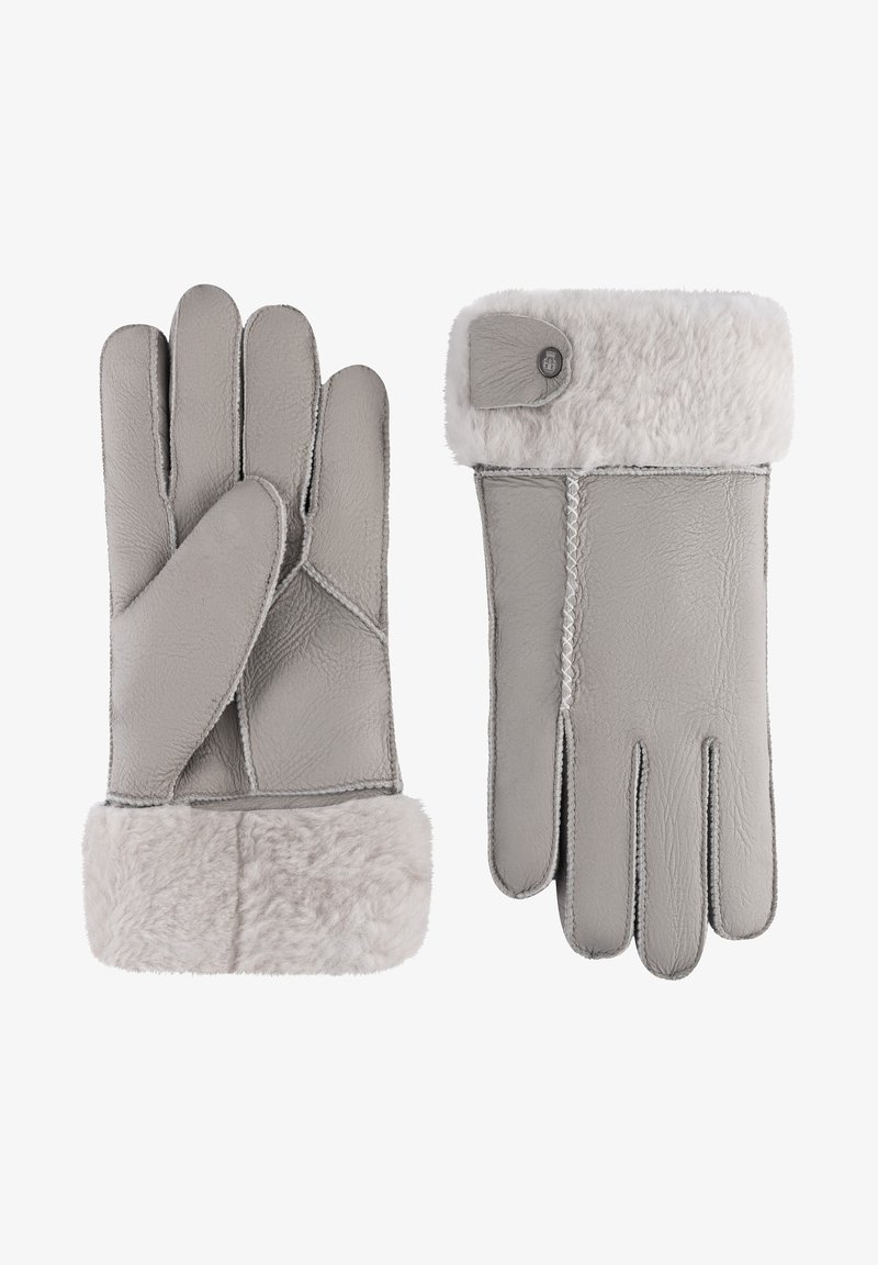 Graue Lederhandschuhe mit einem weichen, flauschigen grauen Pelzrand. Detaillierte Nähte entlang der Säume und ein Knopfakzent am Rand.