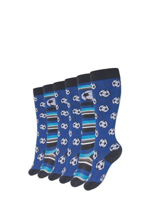 Six pairs of blue knee-high socks, four with white and black soccer ball patterns, two with blue, black, gray, and white stripes.