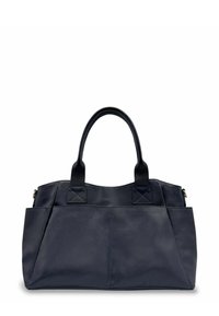 Sac à main en cuir bleu marine avec deux poignées, finition texturée et forme structurée. Présente des coutures apparentes et deux poches latérales.