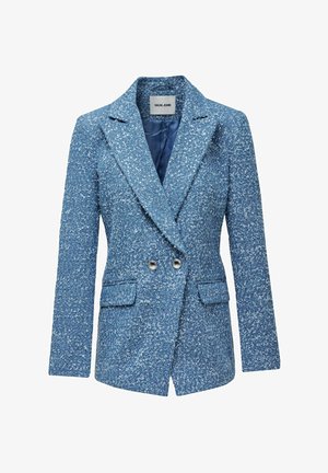 Blazer bleu texturé à double boutonnage avec revers crantés, deux boutons argentés et poches à rabat, étiquette "Salsa Jeans" à l'intérieur du col.