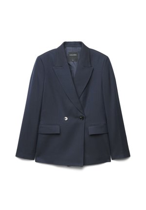 Blazer da donna blu navy scuro con ampi risvolti, due tasche frontali con patta e due bottoni neri per la chiusura frontale.