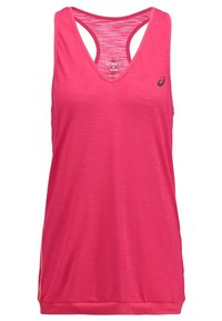 Top deportivo sin mangas de color rosa con escote en V, que presenta una textura suave, un ajuste ligeramente holgado y acentos de contraste a los lados.