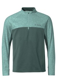 Pull-over de randonnée à manches longues avec demi-fermeture éclair, en haut et manches teal avec un motif abstrait, corps uni en teal plus foncé, logo Vaude sur la poitrine.