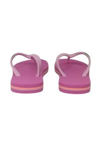 Infradito rosa con una suola in gomma liscia, cinturini sottili e un design della suola a strati che presenta strisce orizzontali di colore rosa chiaro, arancione e bianco.