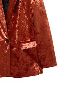 Blazer in velluto di colore ruggine con una texture lucida, dotato di chiusura a un bottone e tasca con risvolto. Tessuto morbido e liscio con riflessi variabili.